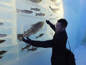 北海道千歲觀光聯盟觀光事業部部長小島英人解說在冰壁中冰凍的魚長達１公尺