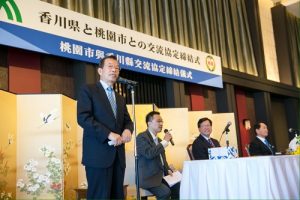 駐日代表謝長廷致詞盼桃園市與香川縣簽署協定後交流更加緊密（照片提供：桃園市政府）