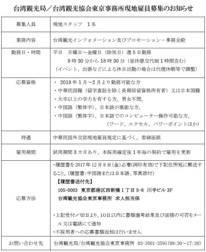 台湾観光局／台湾観光協会東京事務所現地雇員募集のお知らせ