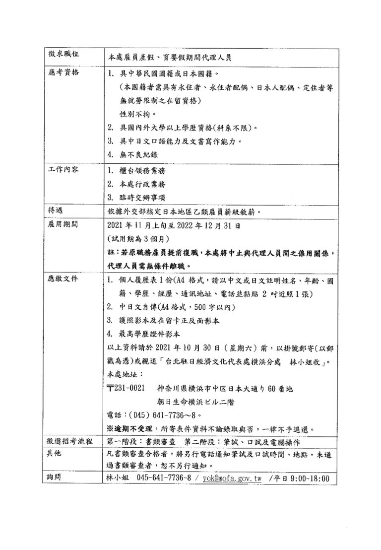 橫濱辦事處徵求本處雇員產假、育嬰假期間代理人員乙名